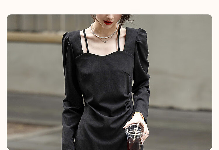 Demana Pure Desire Strap Design Spring Autumn French Style Square V Neck Waist Slimming Little Black Dress Knitted Twisted Linen Dress for Women 2