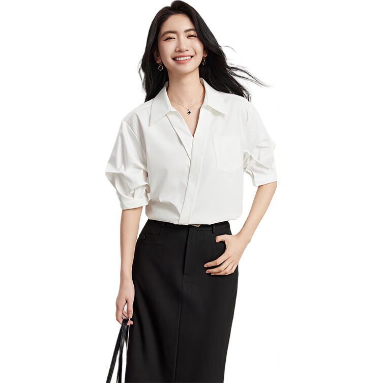 Bodexiaojie White Design-Inspired Light Luxury V-Neck Shirt for Women, Summer Commute Short-Sleeve Top, Professional Petite Interview Blouse XL