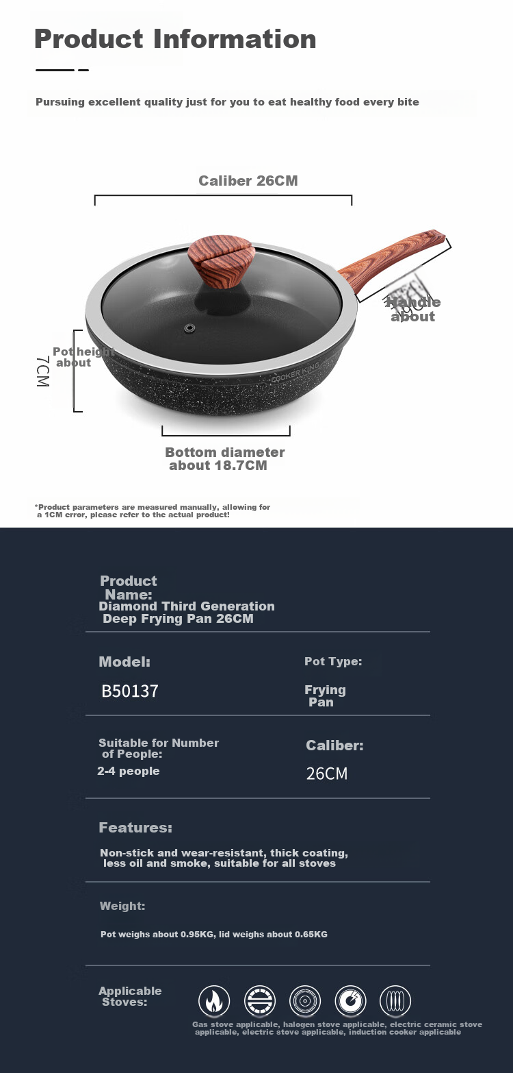 COOKER KING Wok, Flat Bottom Pan, Steak Frying Pan, Non-Stick Pan, Wear-Resistant, Easy to Clean, 26cm, Compatible with Induction Cookers, B50137 1