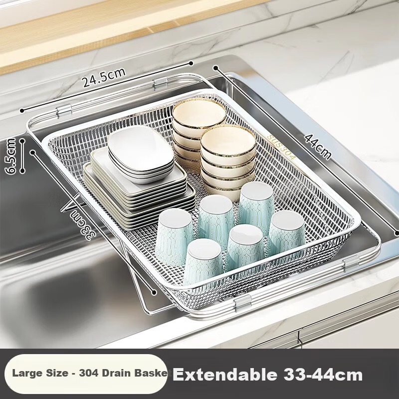 Jiadu 304 Stainless Steel Extendable Draining Basket, New Kitchen Sink Vegetable Washing Basin Dishwashing Sink Bowl And Plate Draining Rack