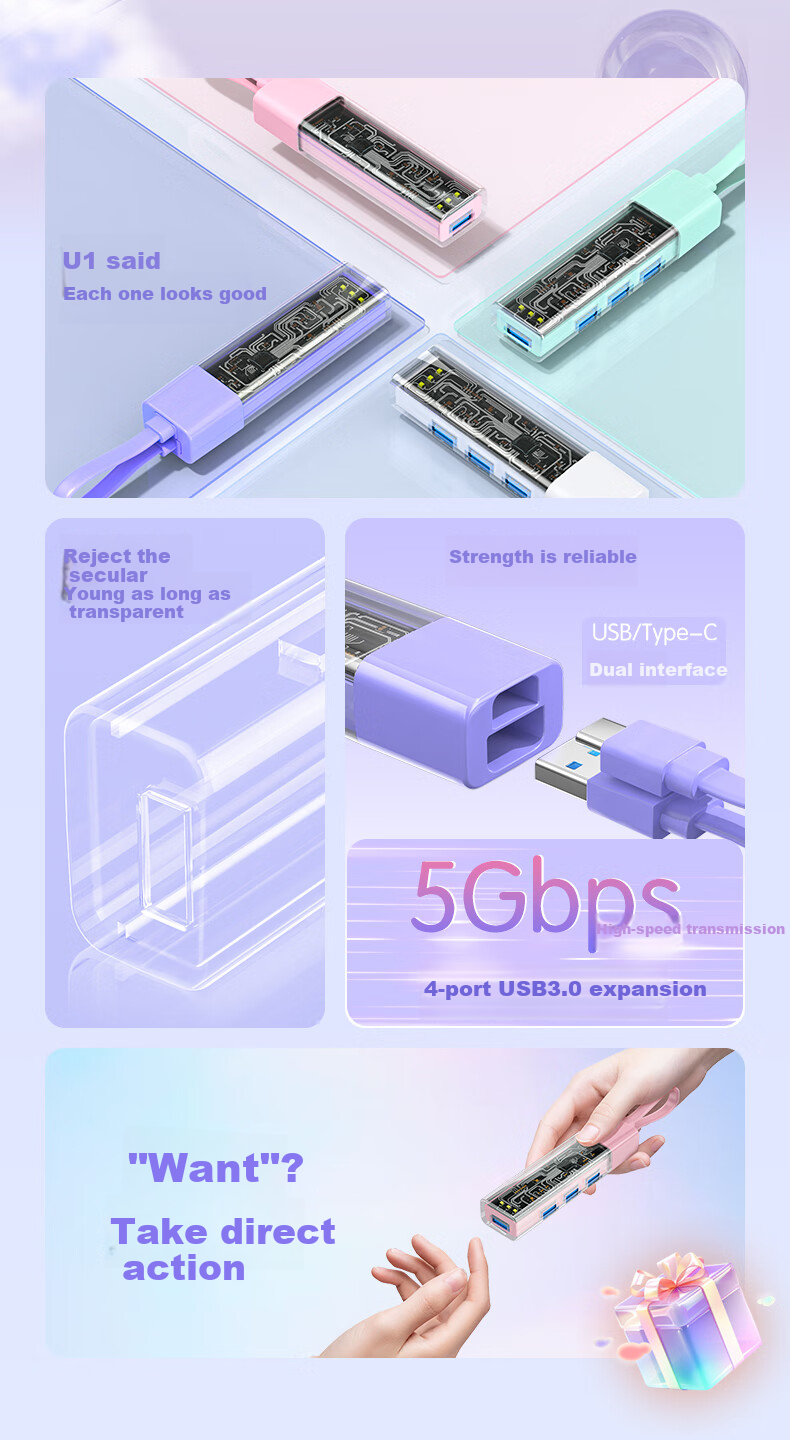 Pisen USB/Type-C Hub, 7-Port High-Speed Expansion Dock, HUB Splitter Extension Cable, One-To Expansion for Desktop Computers, Keyboard And Mouse Connectors with Hard Drive, Independent Control, 1m 2
