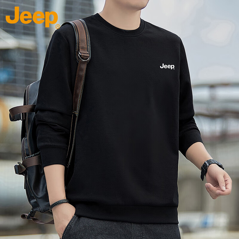 JEEP Men's Sweatshirt, Loose-Fitting Round Neck Undershirt for Spring And Autumn, Trendy Top, Men's Clothing, Black, 2XL