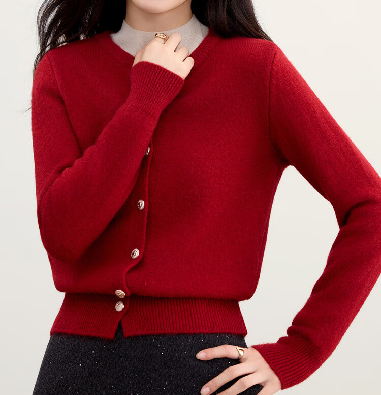 Sentubila Elegant Commuter Crew Neck Knit Sweater Women Autumn Soft Elastic Warm Thick Sweater Color Block Metal Button Long Sleeve Cardigan 6