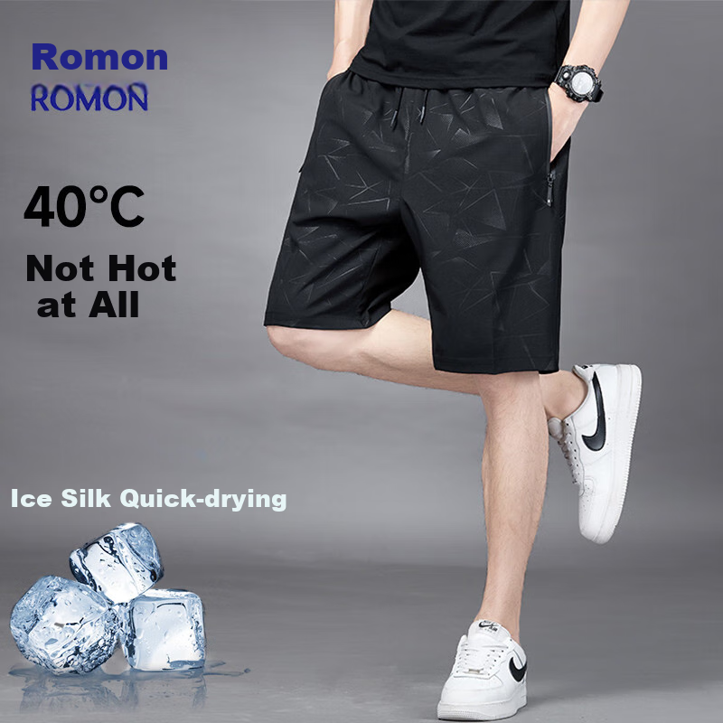 ROMON Men's Shorts, Summer Business Fashion Printed Loose-Fit Large Size Thin Quick-Dry Ice Silk Sports Casual Five-Point Pants