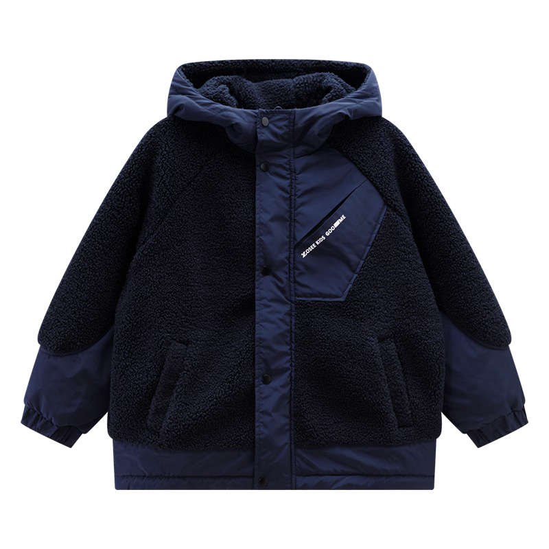 Zuoxi Boys' Lambswool Jacket, 2025 New Style Hooded Padded Children's Autumn And Winter Coat, Navy Blue, Size 150