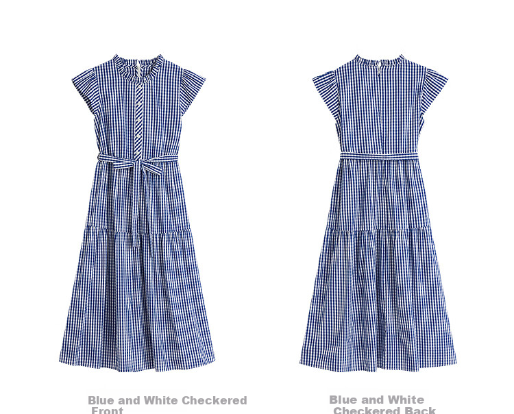 INMAN French Plaid Dress Summer Women's Versatile Puff Sleeve A-Line Skirt Navy Blue S 59