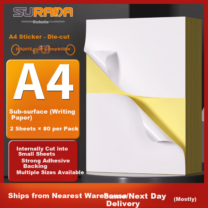 Surada A4/80 Self-Adhesive Printing Paper Divider, Label Sticker Self-Adhesive Paper, Inkjet Label Printing Sticker Right Angle, 2 Pieces/sheet (210*148.5mm) BQ-0020