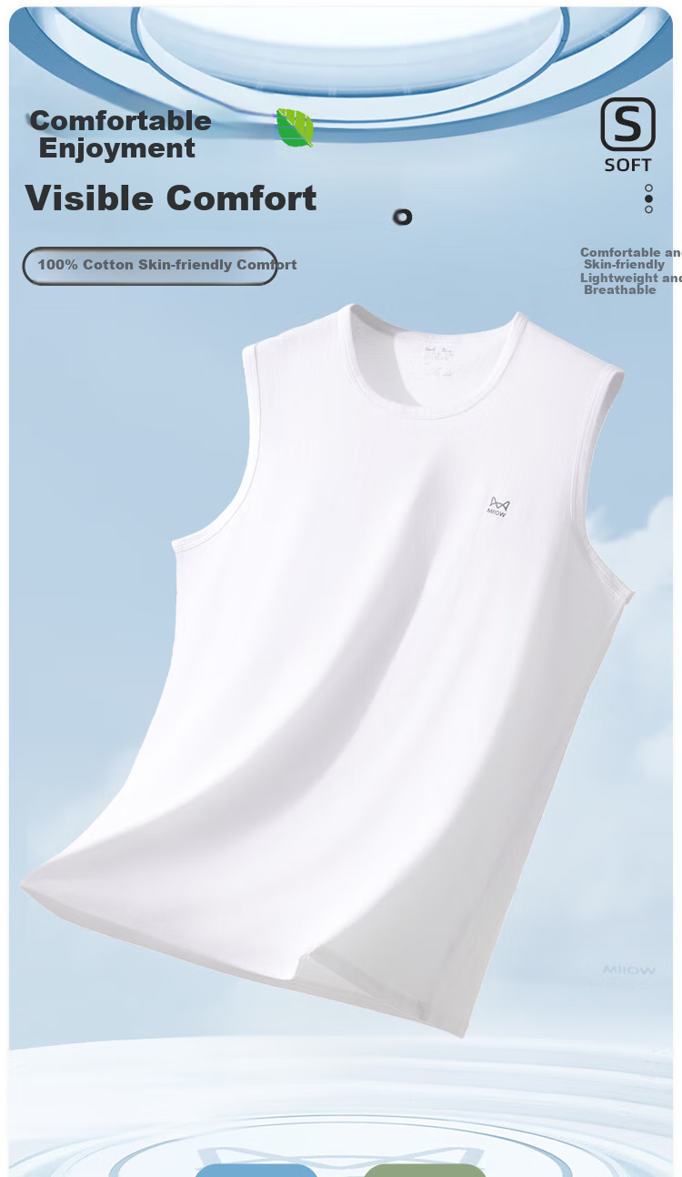 MiiOW Wide-Shoulder Tank Top for Men, Sleeveless T-Shirt, Pure Cotton Antibacterial Undershirt, Round Neck Spring And Autumn Undershirt, Breathable, 3XL 1
