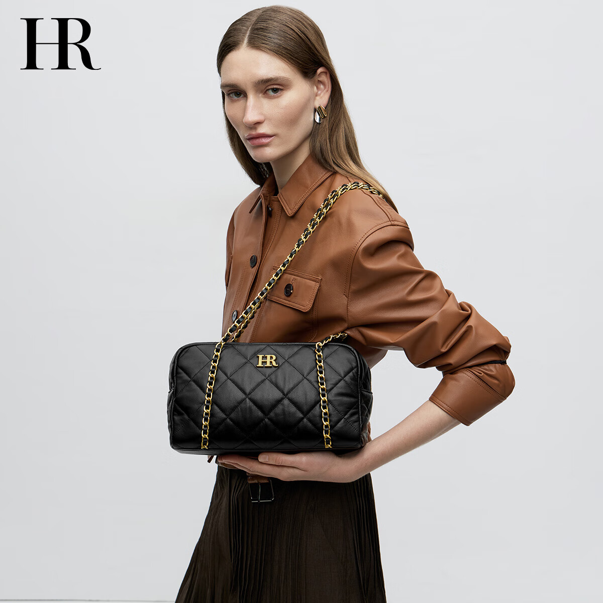 HR Women's Handbag, Simple Diamond Pattern Chain Bag, Underarm Bag, Top-Grain Leather Shoulder Bag, Birthday Gift for Wome