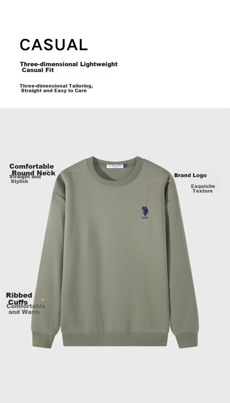 U.S. POLO ASSN. Men's Sweatshirt, Autumn And Winter Polo, High-End Casual Round Neck Undershirt, Sports Long-Sleeve T-Shirt for Men, Gray-Green, XL 3