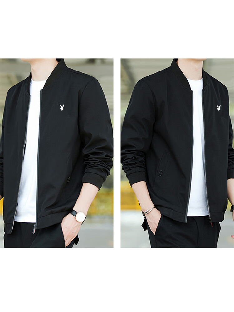 PLAYBOY Men's Autumn Winter Fleece Lined Thickened Stand Collar Loose Casual Jacket Black XL 2