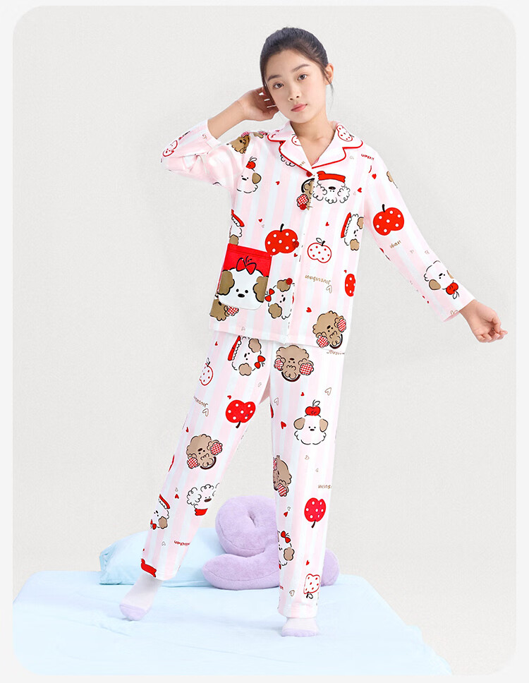 Jiusuiban Children's Pajamas Girls Class A Pure Cotton Button-up Homewear Set Big Kids Teen Girls Pink Long Sleeve Long Pants 1