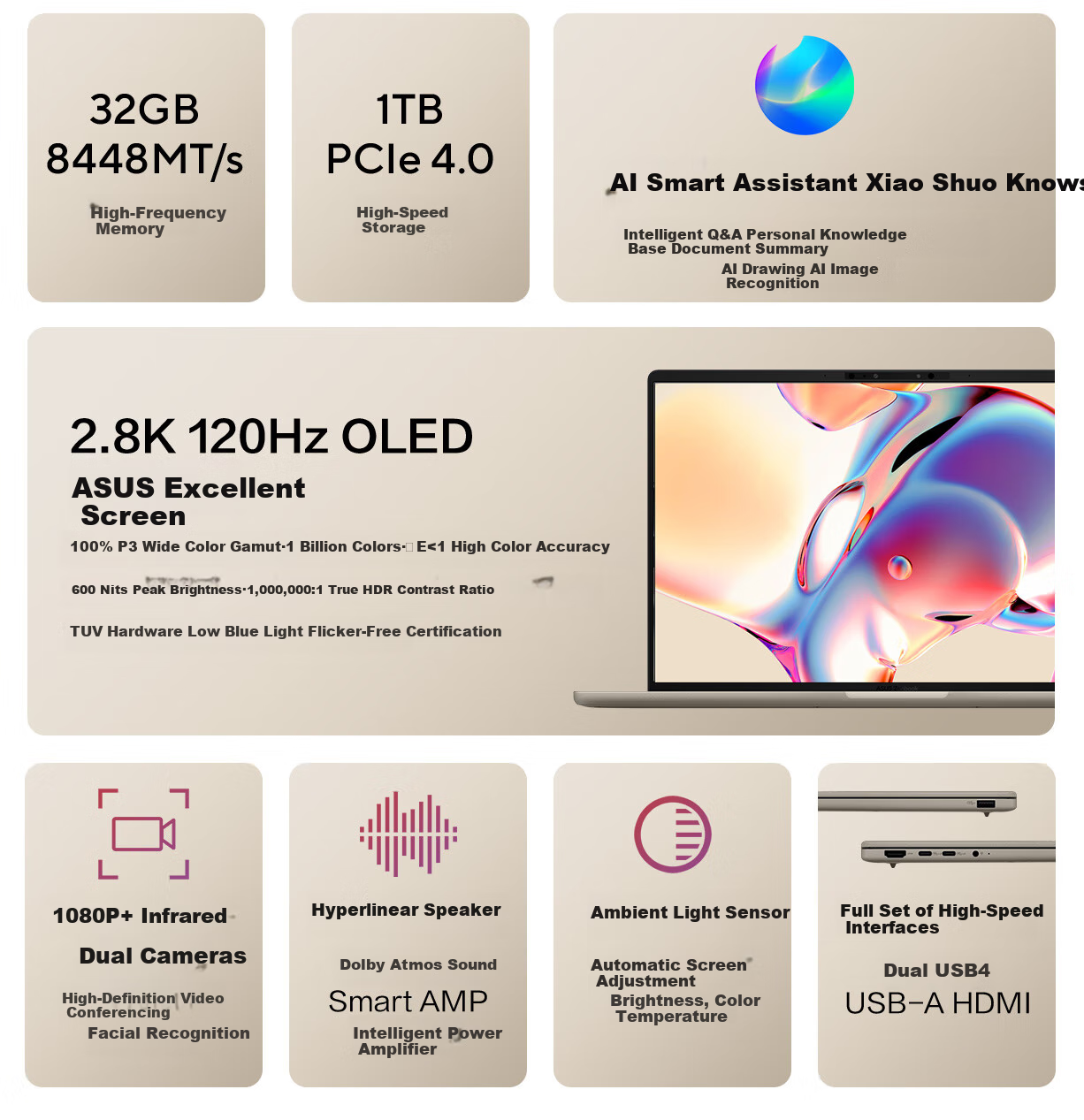 ASUS Lingyao14 Air Subsidies Snapdragon X 2.8K 120Hz OLED 960g 12.9mm High-Aesthetic Ultra-Thin AI Laptop (32GB 1TB) Gray 4