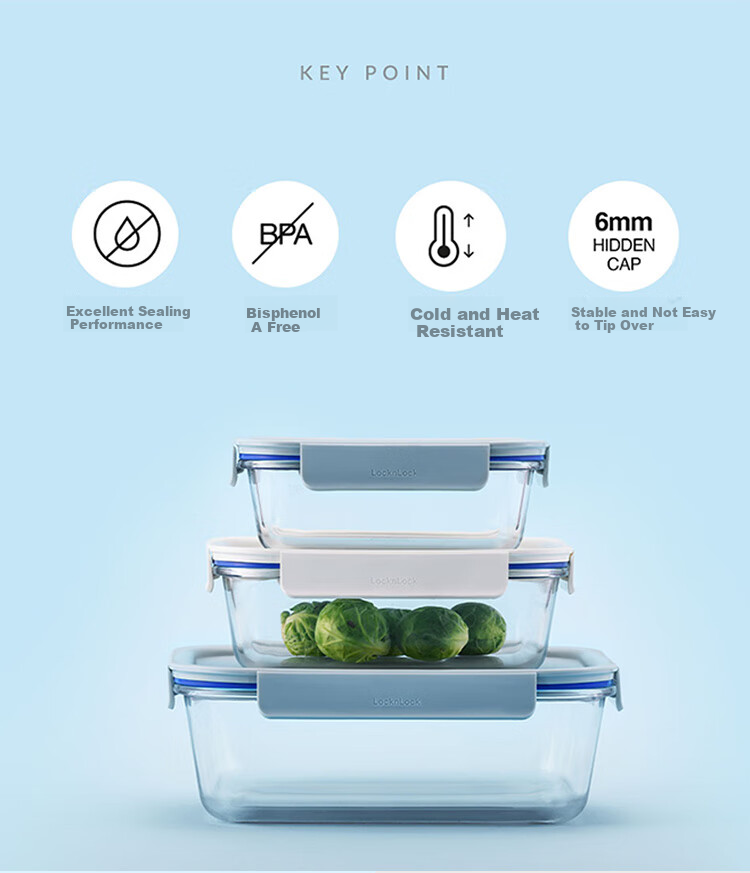 LOCK&LOCK , Glass Food Storage Container, Microwave-Safe Lunch Box, Sealed Meal Container, Bento Box, Refrigerator Organizer, 750ML, Mint Gree 4