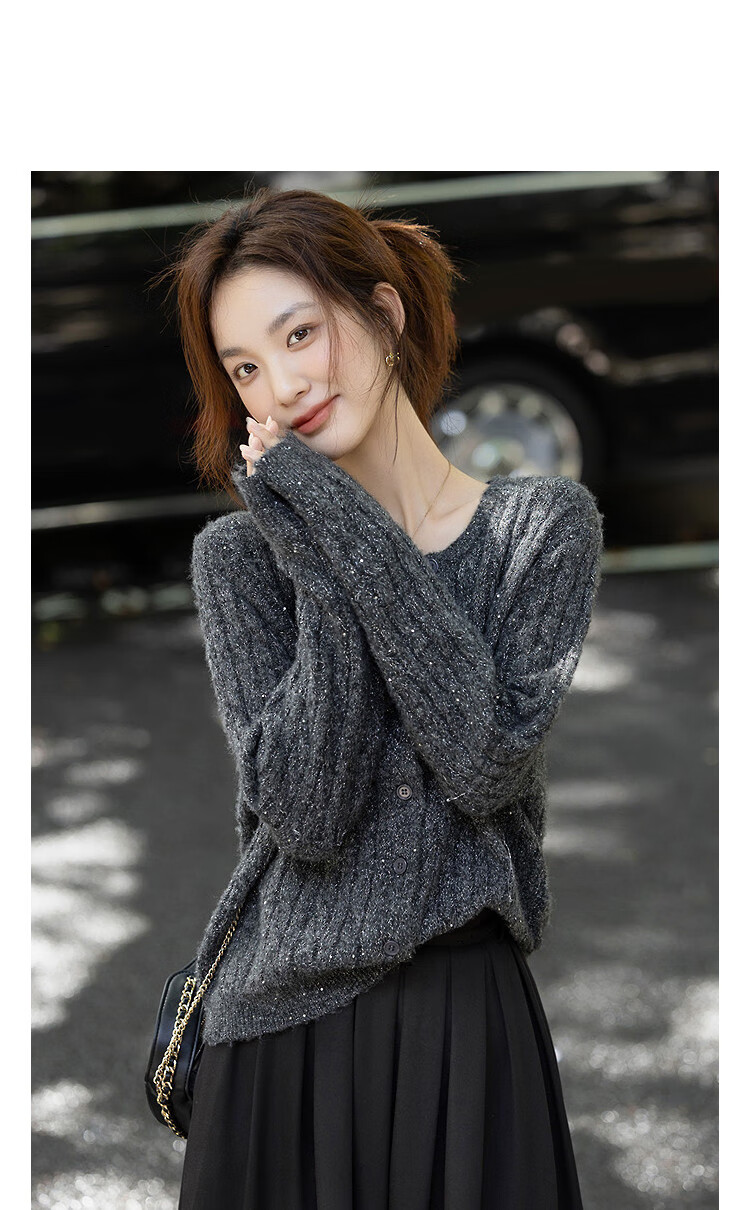 Demana Autumn Crew Neck Cable Knit Sequin Sweater Loose Fit Petite Wool Blend Top 1