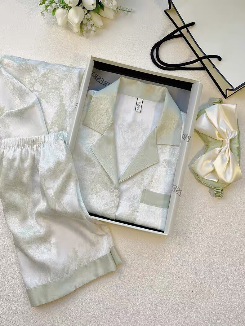 KJ Brand Women's Ice Silk Pajamas Spring Autumn Premium Gift Set for Best Friend Birthday High-End Homewear 3-Piece Set in Gift Box 1