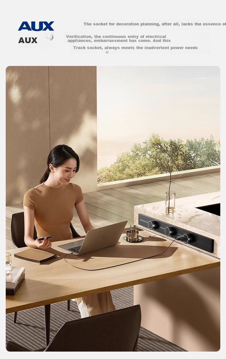 AUX Track Socket, Surface-Mounted No-Drilling Wall-Mounted Movable Wall Slide Socket Slim C6 Milk Gold, Earth Color 50cm + 4 White Light Rings Five-Hole 1