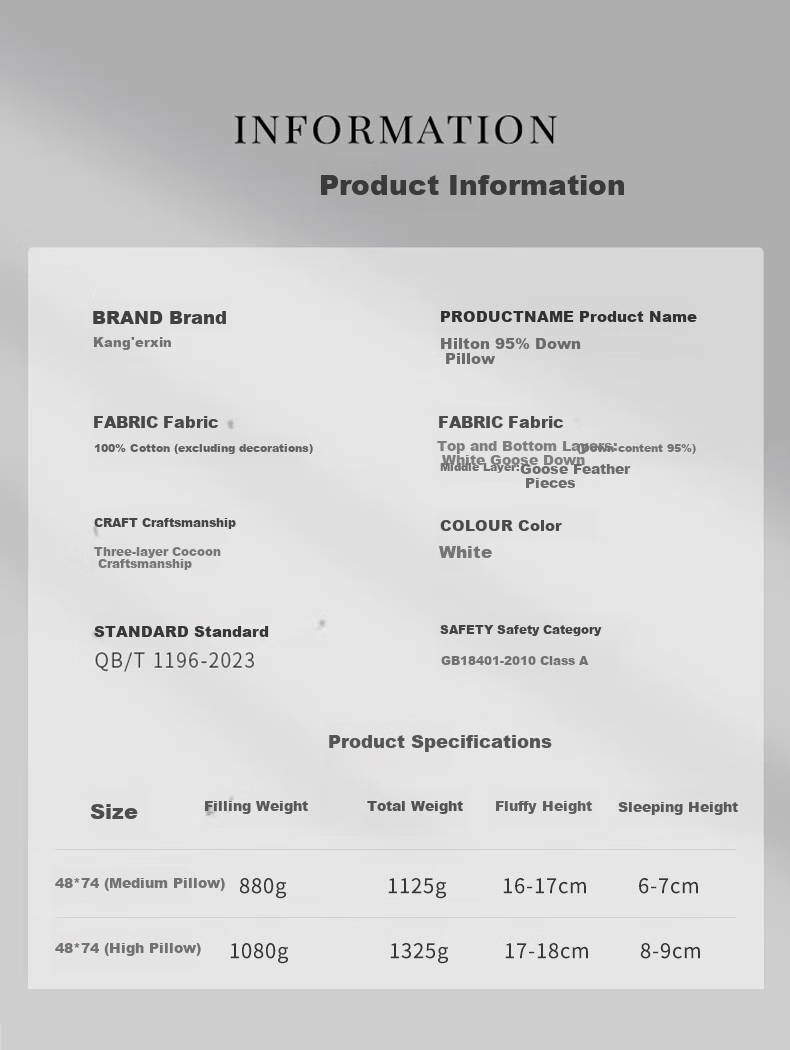 Canasin Pillow, Hilton Five-Star Hotel Down Pillow Class A 95% White Goose down Pillow, Single Piece 74*48cm 10