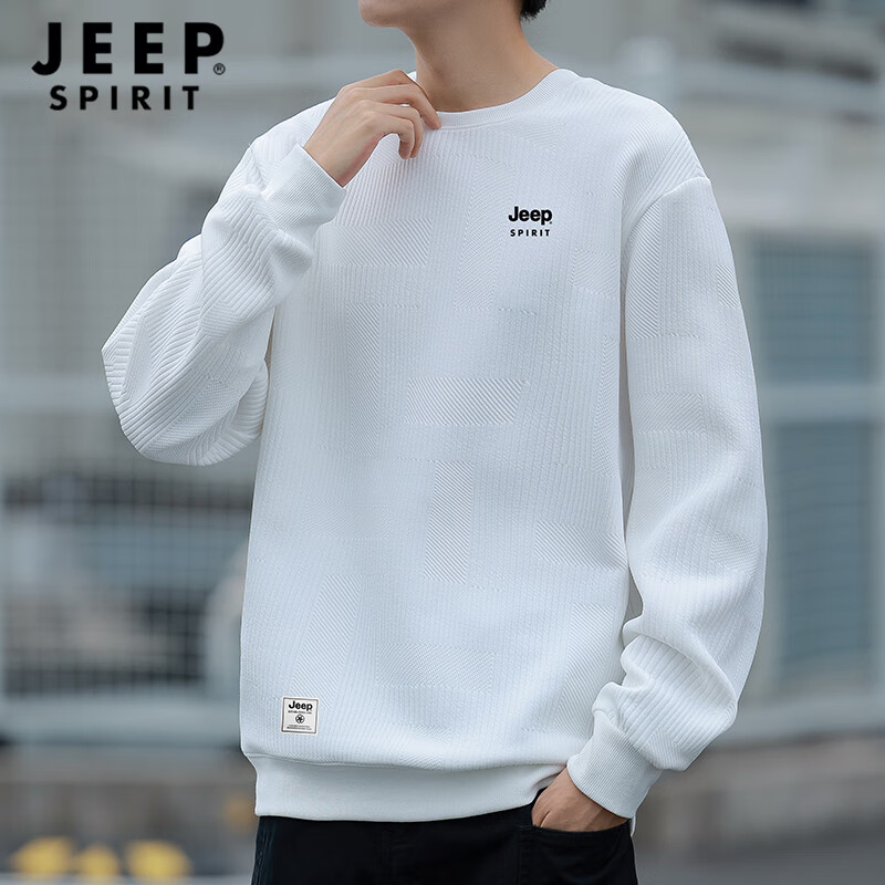 JEEP SPIRIT Men's Round Neck Sweatshirt, Loose-Fitting Long-Sleeve T-Shirt for Spring And Autumn, Fashionable Textured Jacquard Casual Top, Men's Clothing