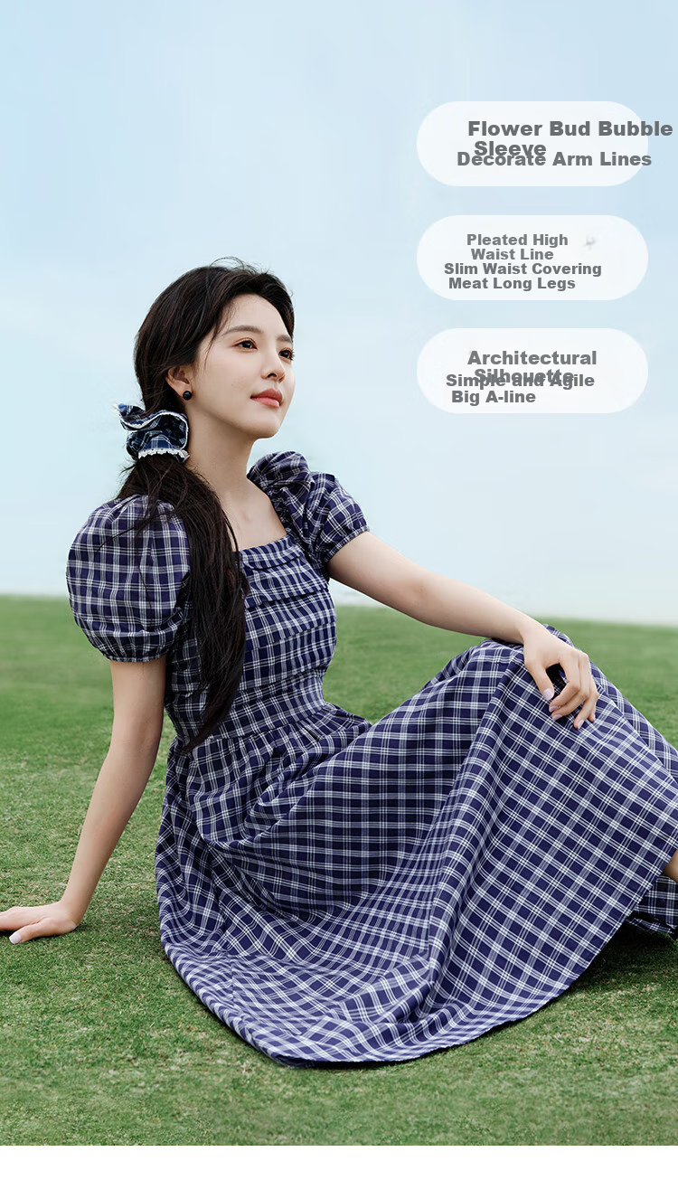 INMAN French Plaid Dress Summer Women's Versatile Puff Sleeve A-Line Skirt Navy Blue S 11
