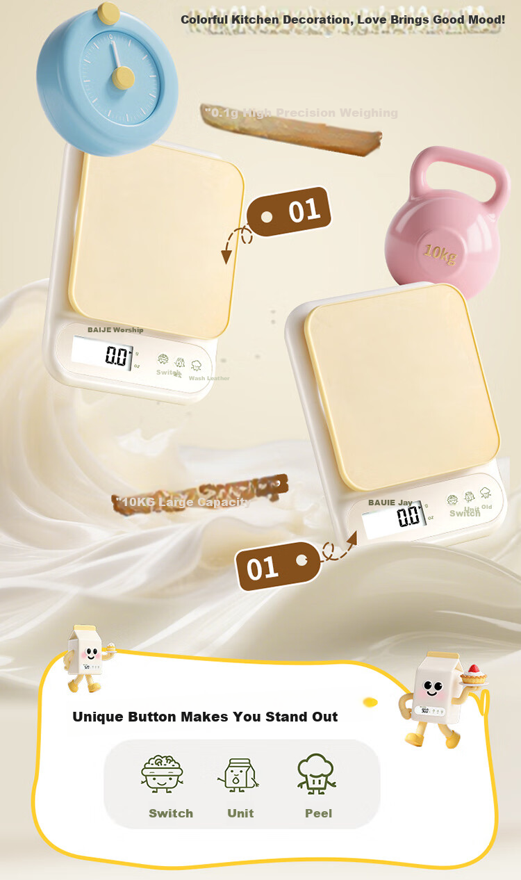 Baijie Electronic Kitchen Scale High Precision Food Scale Gram Scale Baking Scale 0.1g/10kg Rechargeable 4