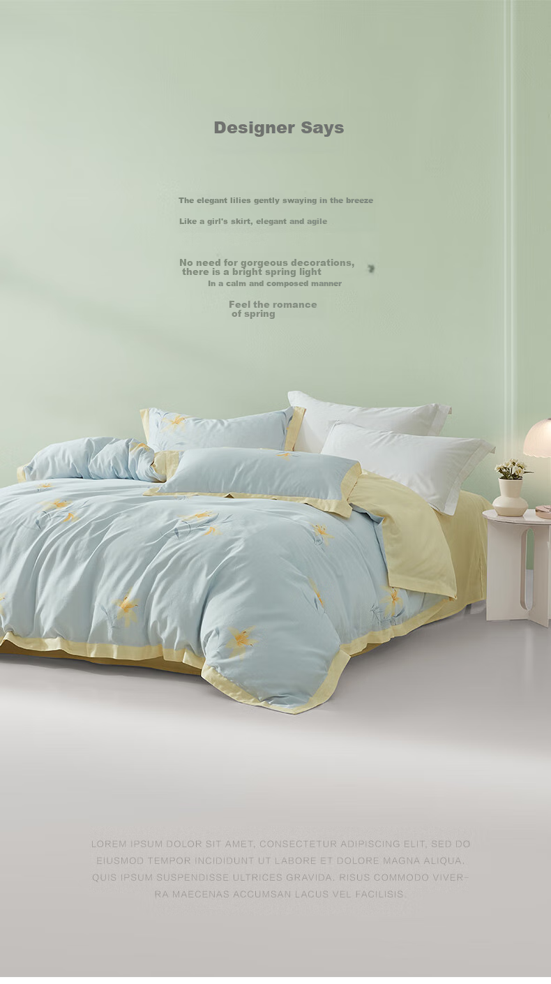 LUOLAI Home Textiles, Pure Cotton Four-Piece Bedding Set, Bedsheet And Duvet Cover, 100% Cotton Floral Pattern Set, Lily of The Valley, Blue, 220*250 3