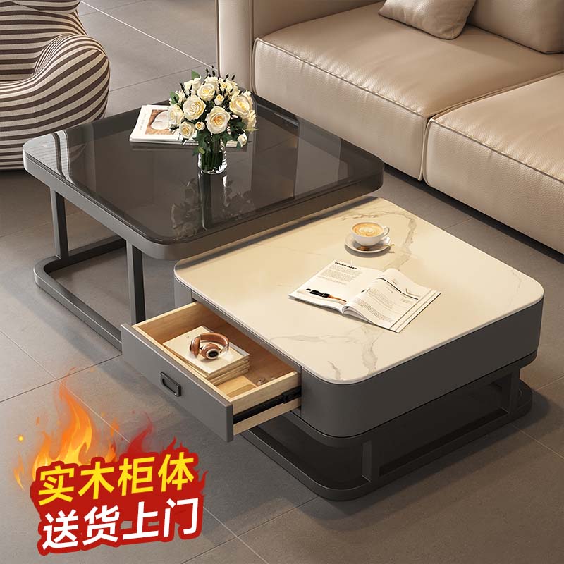 Qianxihuafu Coffee Table, Living Room Side Table for Small Apartments, High-End Light Luxury, 2026 Square Rock Slab Coffee Table, White And Gray Glass Top