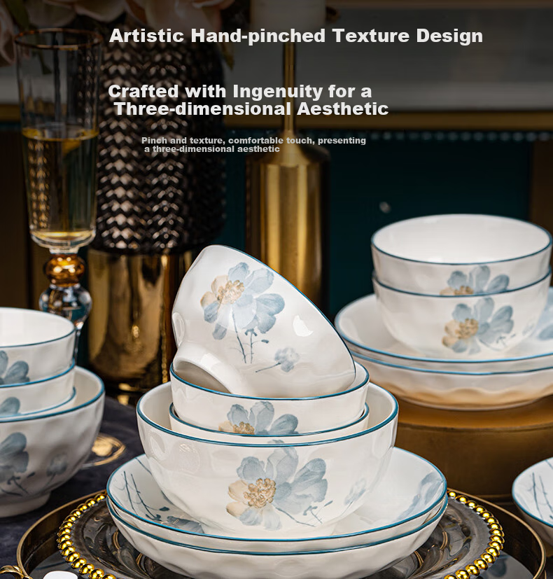 KANGQIN Underglaze Color Dinnerware Set for Home Use, 2025 New Stylish Ceramic Bowls, Plates, Chopsticks And Tableware Set, Fragrant 5