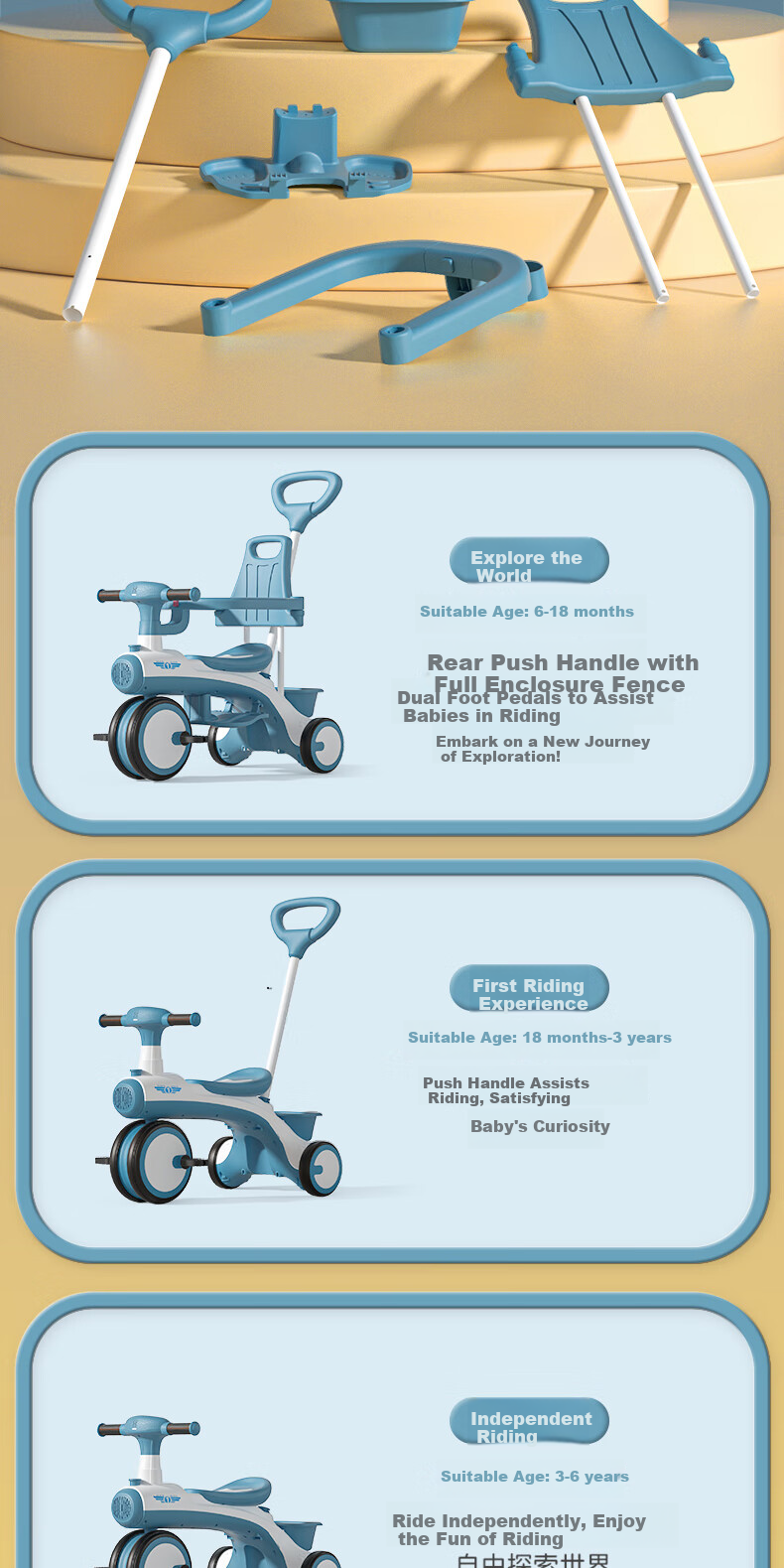 ANGI BABY Children's Tricycle Balance Bike for Ages 1-6, Stroller Essential, Multifunctional Lightweight Pushchair, Baby Gift 7