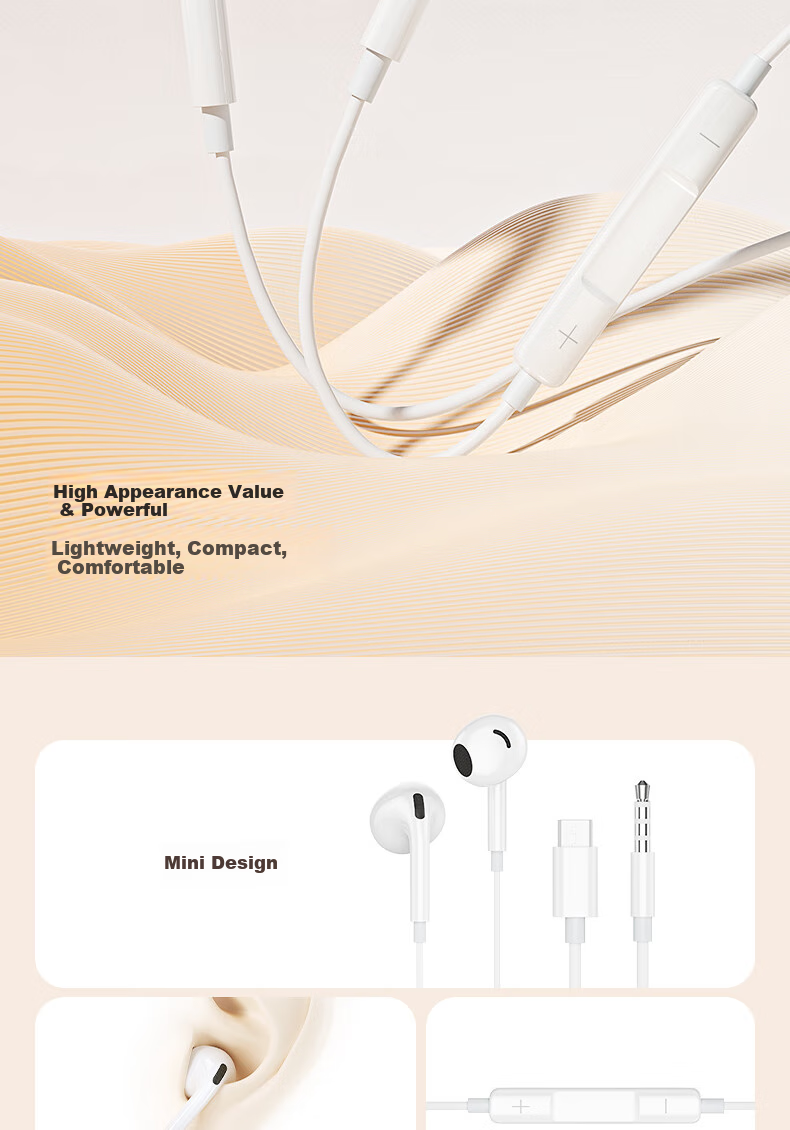 HP DHH-1112A Wired Earphones Semi-In Type-C Interface Compatible with Apple And Android, White, Level 4 And 6 3