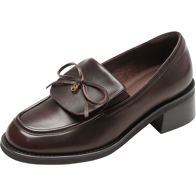 Le saunda 2026 Spring New Genuine Leather Chunky Heel Black Commuter Loafers Women's Shoes 42901 Mocha Brown BRL 37