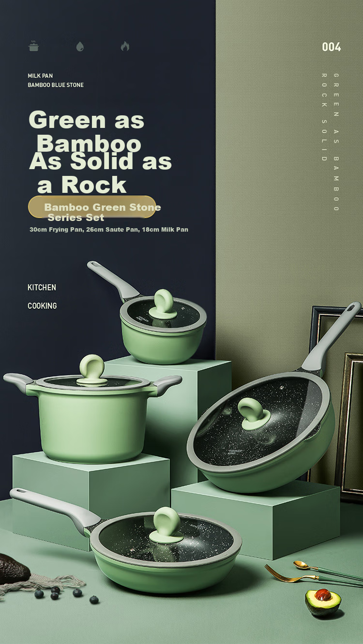 COOKER KING Cookware Set Non-Stick Wok Frying Pan Milk Pot Three-Piece Set Compatible with Induction Cooker Bamboo Green Stone B50045 1