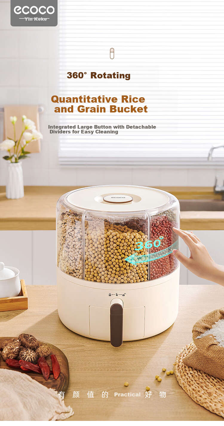 Ecoco Rice Container, Food-Grade Rotating Multi-Grain Bucket, Sealed Jar, Kitchen Storage Container for Grains, Insect-Proof Rice Box E2332 White 1