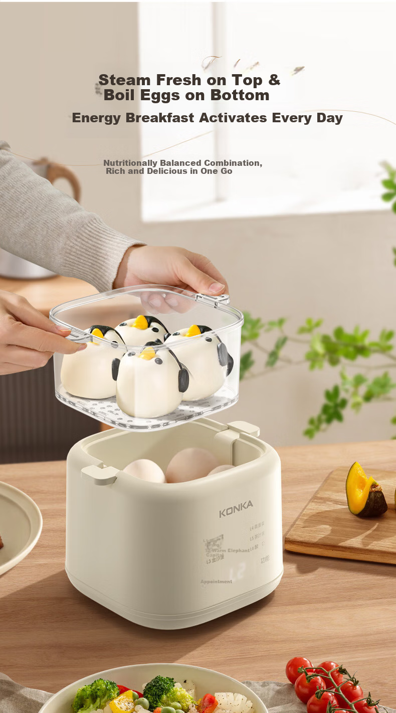 KONKA Egg Cooker, Compact Multifunctional Mini Electric Steamer, Single And Double Layer Breakfast Maker, All-In Egg Custard Machine for One Person, Home Steamer KZDQ-0303 5