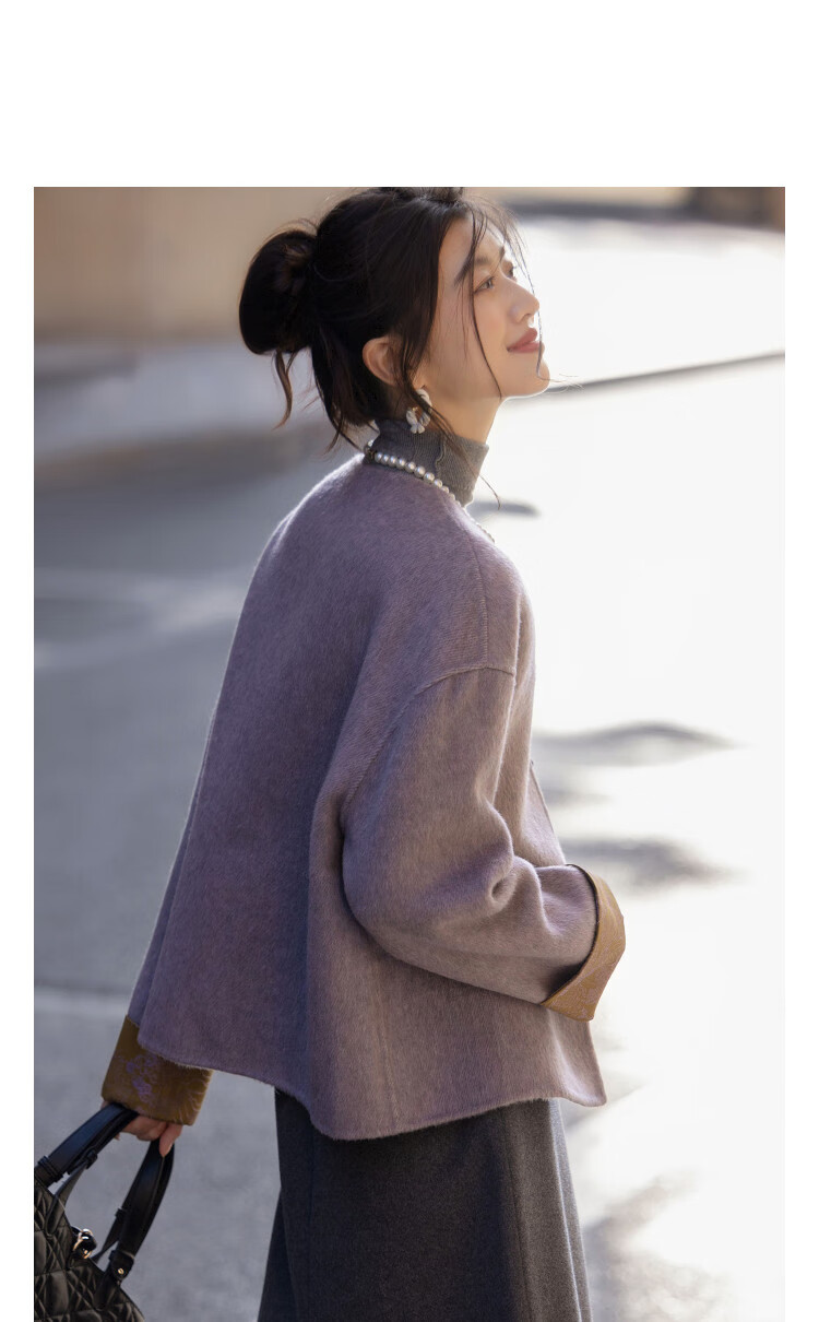 Demana Wool and Mulberry Silk Blend Double-Sided Woolen Coat Winter Chinese Style Color-Block Loose Women's Jacket 1