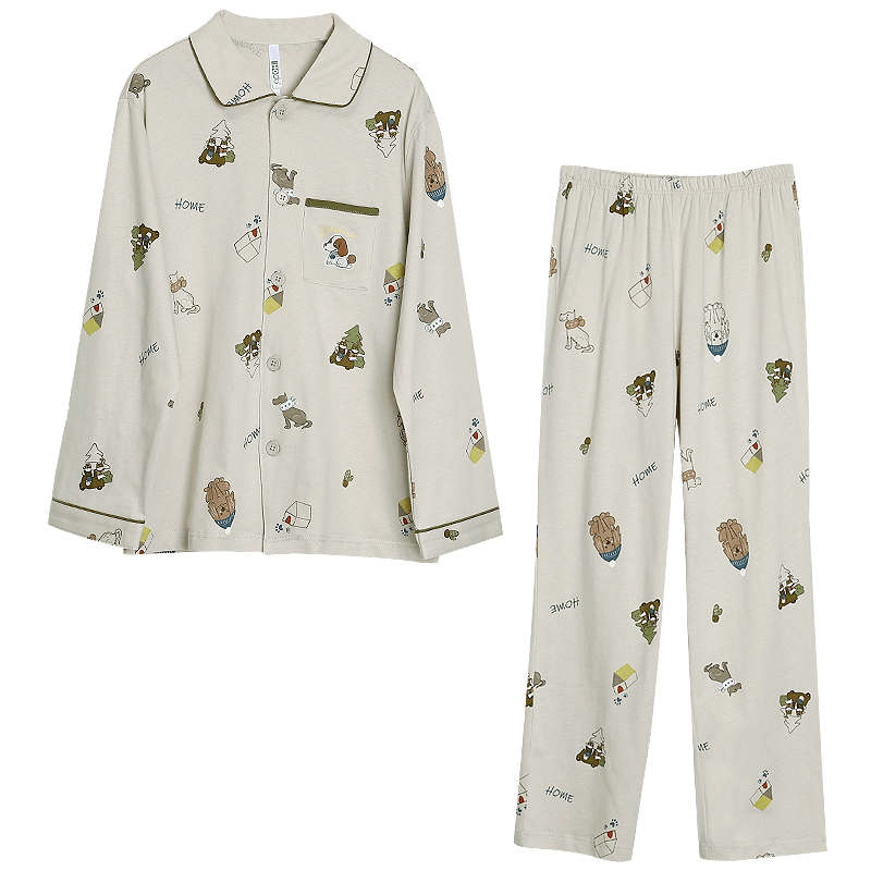 Hodohome Boys' Pajamas, Class A Pure Cotton Home Wear, Cartoon All-Over Print Long-Sleeve Cardigan Set for Boys, 103 165