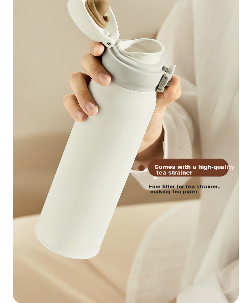 MINISO 316L Stainless Steel Insulated Water Bottle, High-Quality Straw Dual Drinking Cup for Men, Women, and Students, Ivory White, 345ml 14