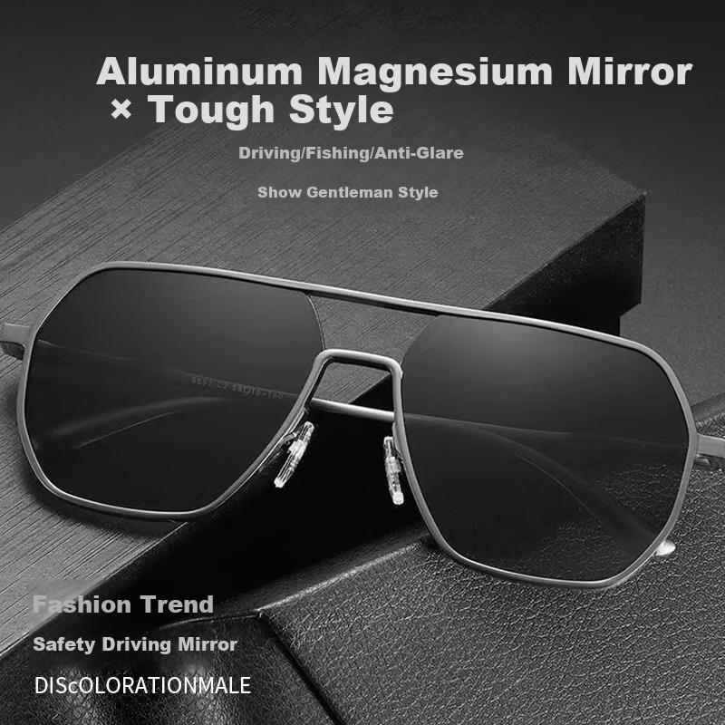 Angelamiao Sunglasses for Men, Driving-Specific Polarized Casual Fishing Sunglasses, Large Frame Color-Changing Glasses with Gun Frame And Photochromic Lenses