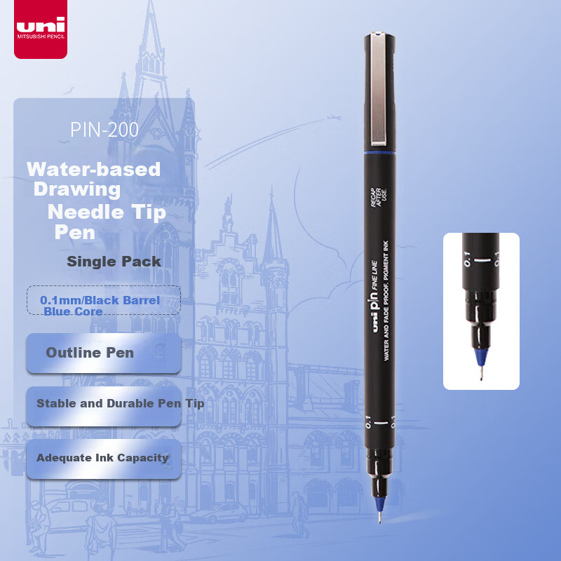 Uni Mitsubishi 0.1mm Water-Based Drawing Needle Pen, PIN-200 Art Design Outlining Pen, Black Handle with Blue Ink, Single Pe