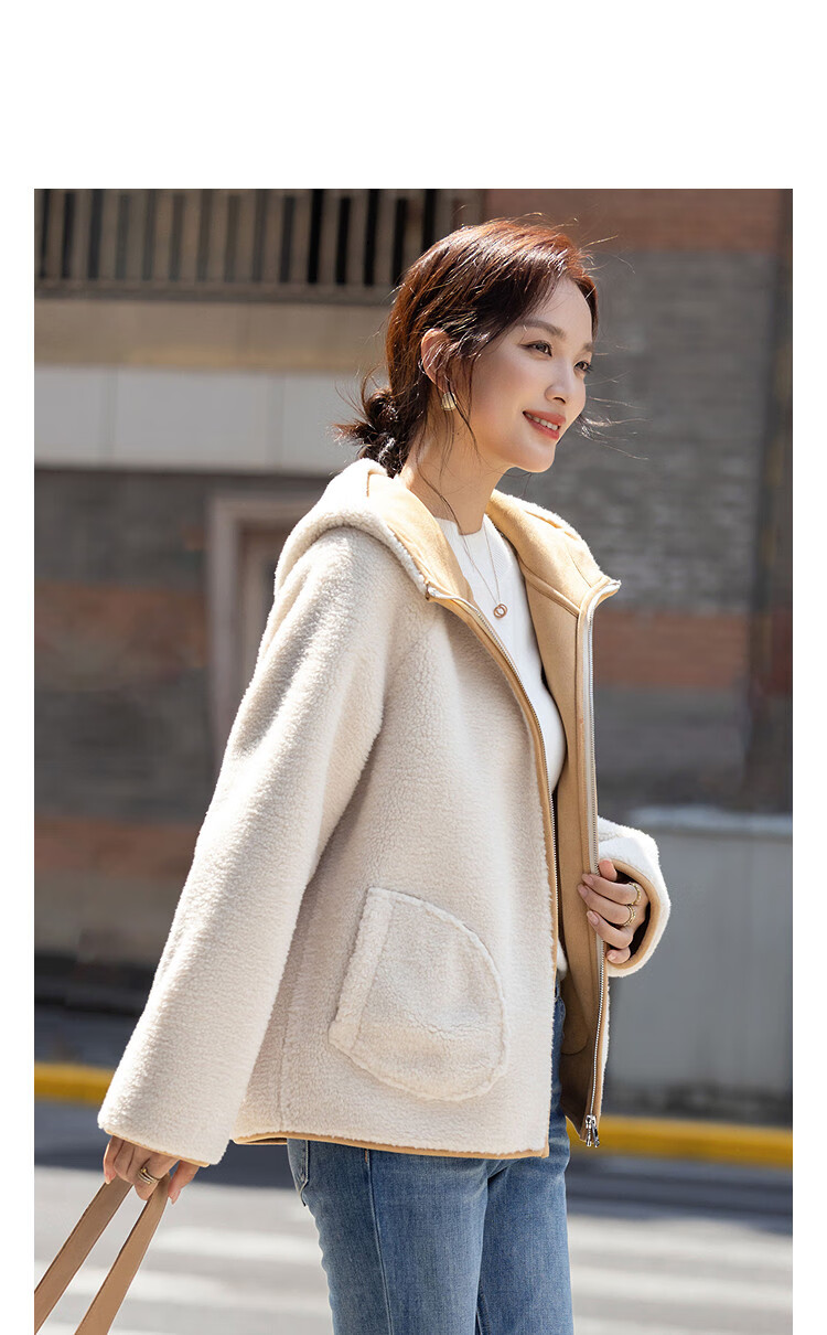 Demana [Velvet Winter Warmth] Winter Hooded Loose Fit Large Pocket Colorblock Faux Shearling Warm Petite Women's Coat 1