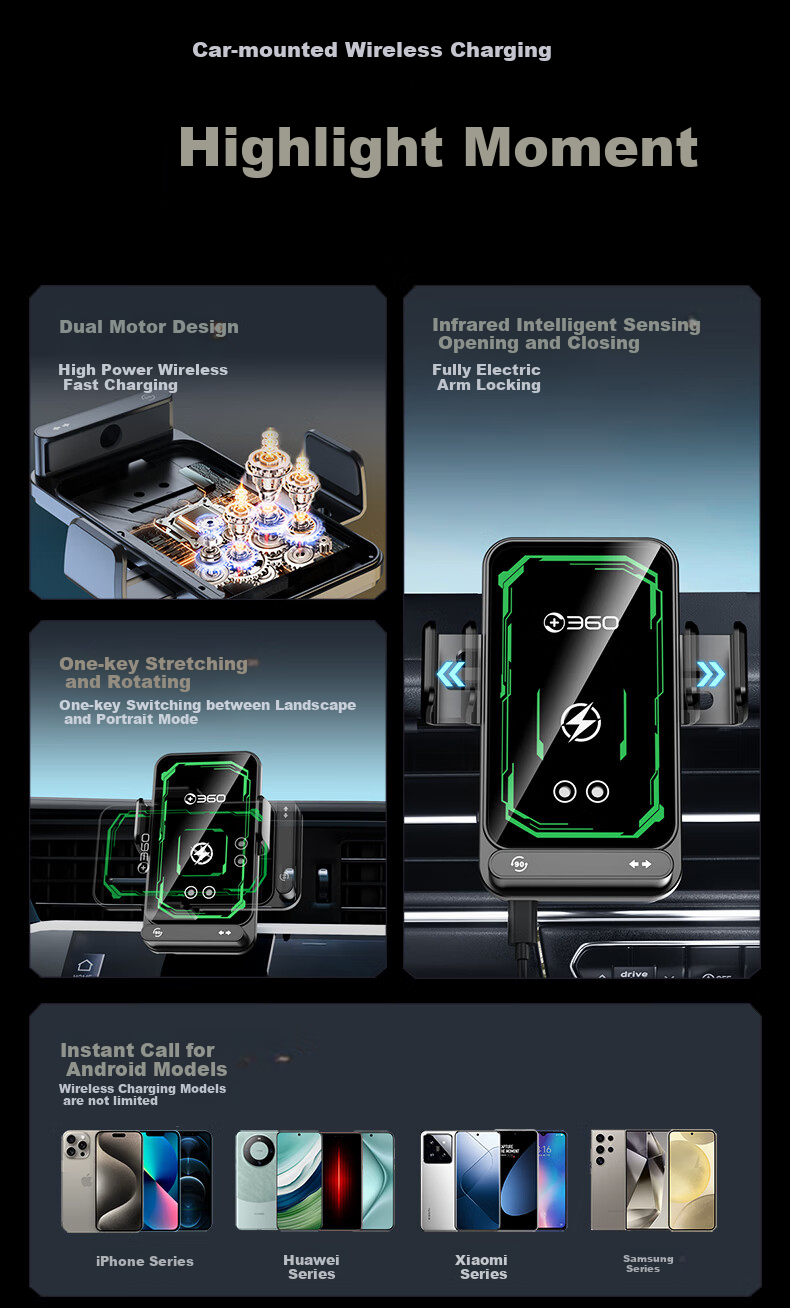 360 Car Wireless Charger, 15W Wireless Charging, Car Navigation Phone Holder, HX26 Base Stand, Magnetic Fast Charging, Compatible with Apple And Android 2