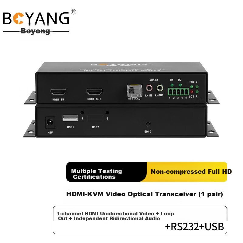 BOYANG Non-Compressed Full HD HDMI Optical Transceiver, HDMI-KVM Video Optical Transceiver, 1 Video Channel + Loop-Out + Independent Bidirectional Audio + RS232 + USB, One Pair, BY-1HUS
