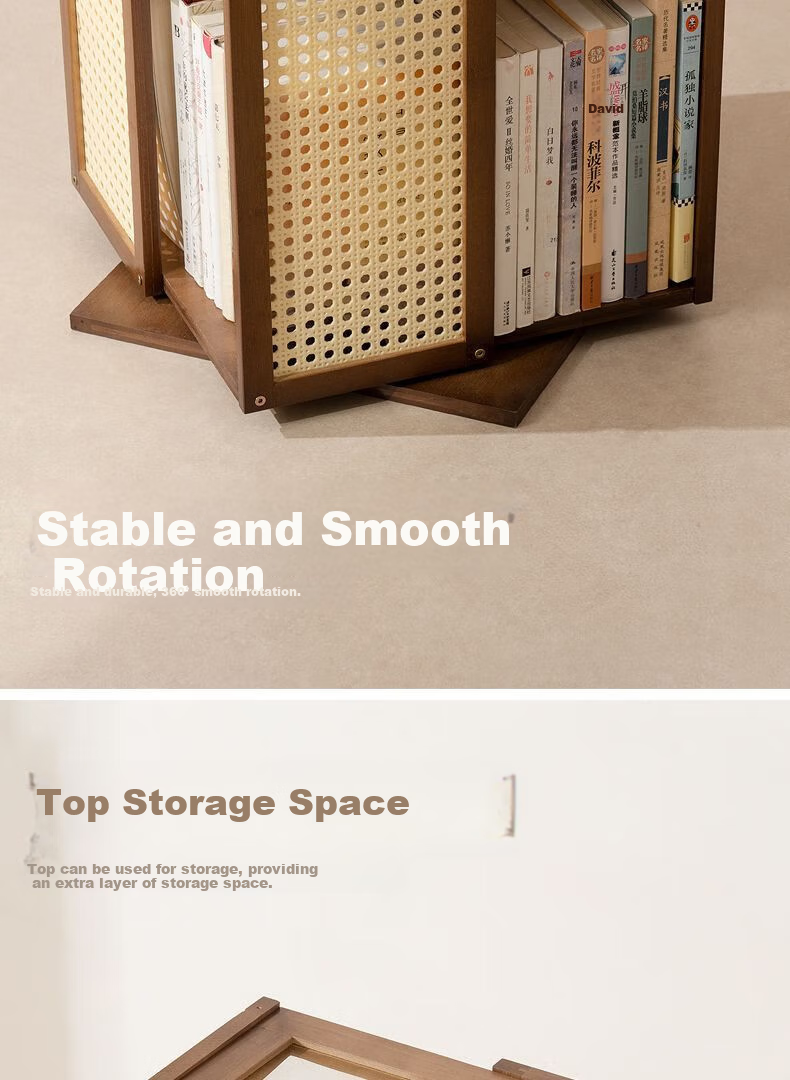 Yimo Rotating Bookshelf, Multi-Tier Floor-Standing Storage Display Rack for Home Living Room, Plastic Rattan, Four-Tier, Tea Color 11