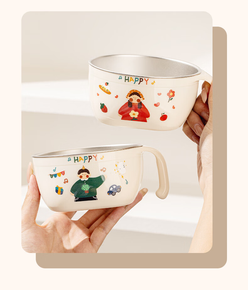 TREEJACK 316L Stainless Steel Single Handle Children's Feeding Bowl Baby Double Layer Anti-Drop and Anti-Scald Rice and Soup Bowl 4