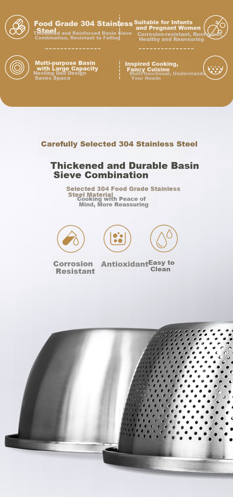 One's Member Thickened Multifunctional 304 Stainless Steel Cooking Bowl, Vegetable Washing Basin, 24/26/28cm Three-Piece Set, Dough Mixing Bowl, Seasoning Bowl 2