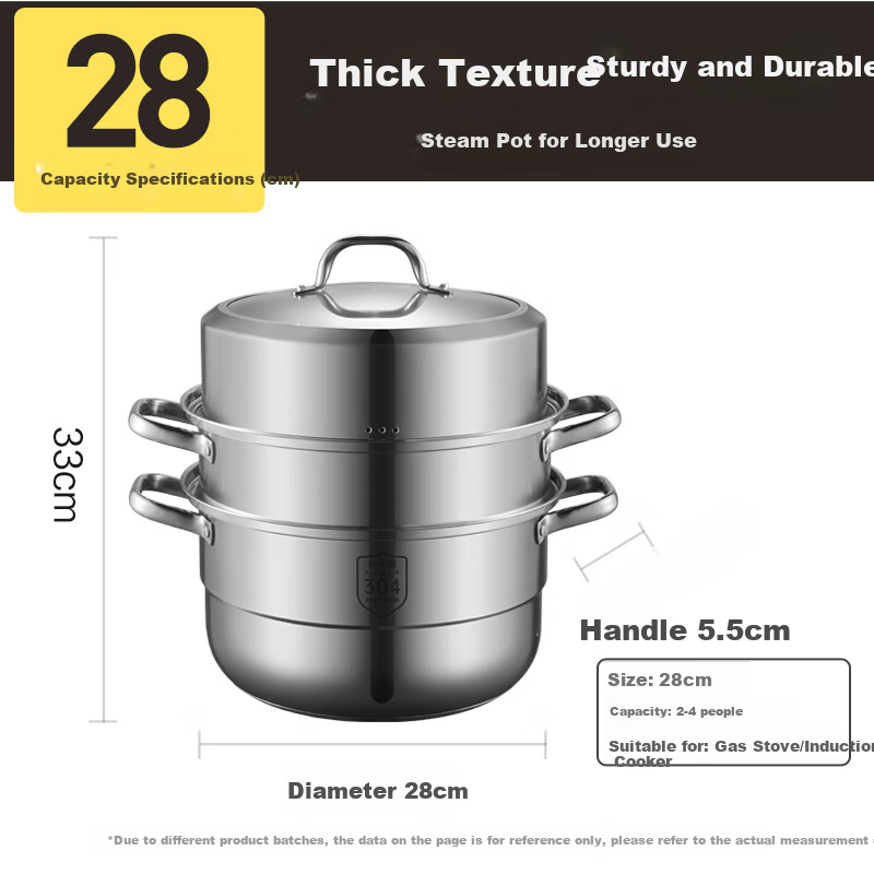 COOKER KING 304 Stainless Steel Three-Layer Steamer Pot with Composite Bottom, Soup Pot for Steaming Buns And Dumplings, Visible And Upright High-Arch Lid, 28cm