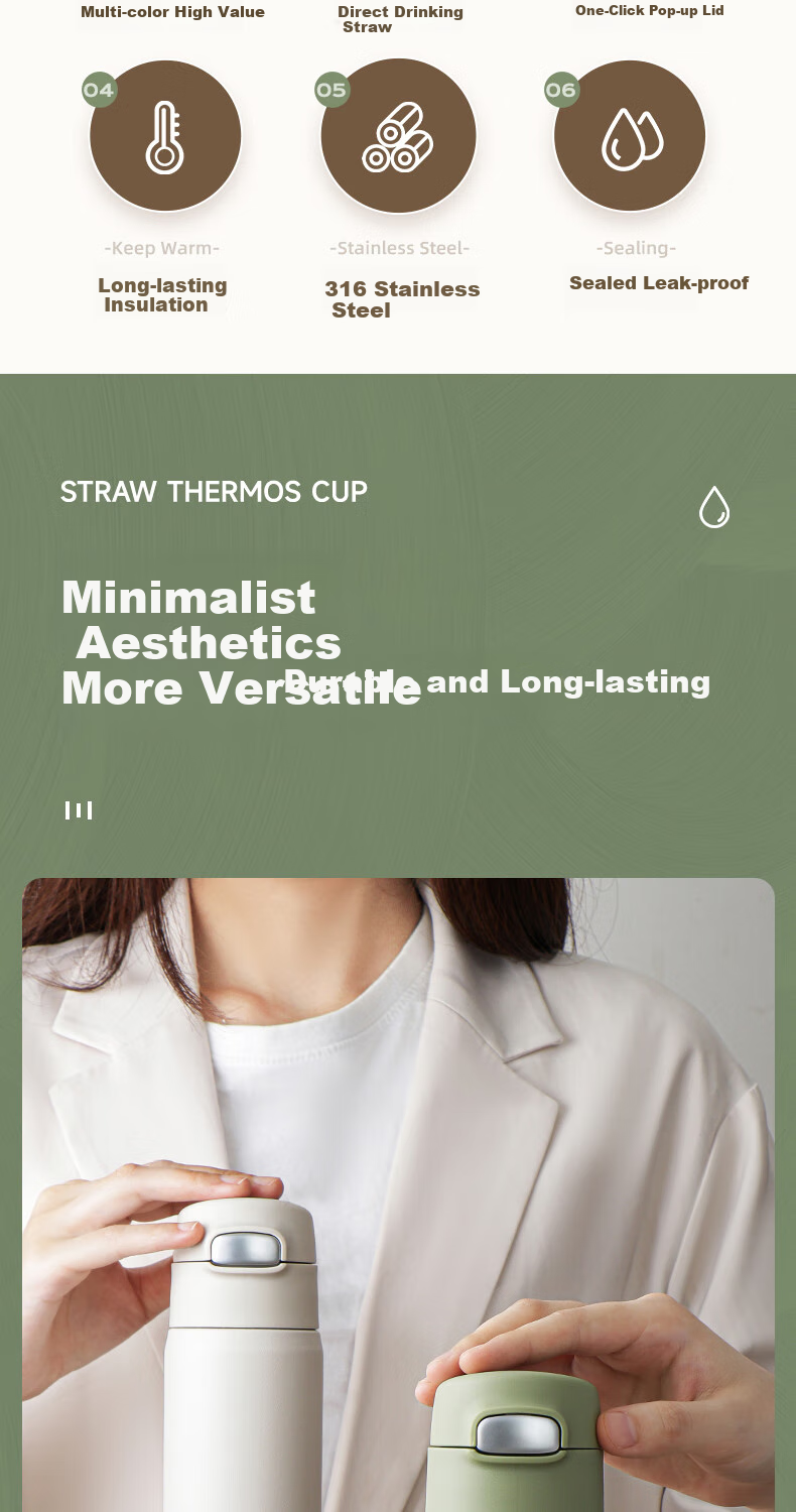 Peacock Flip-Top Cup with Straw, Insulated Tumbler, 316 Stainless Steel, One-Key Flip Lid, Women's Lipstick, Non-Fading, Portable 2