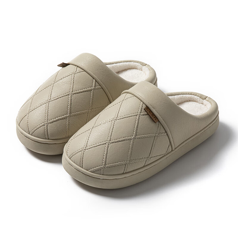 She Enjoy Men's Winter Plush Warm PU Leather Waterproof Non-slip Home Cotton Slippers TR7291 Pink 38-39 4