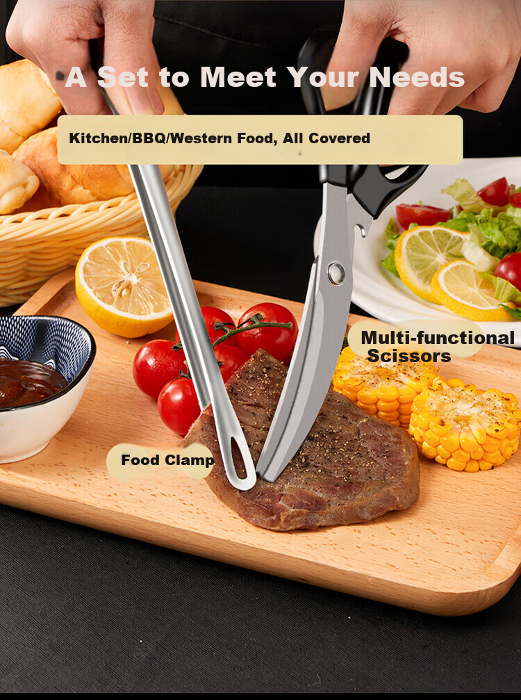 BJ Stainless Steel Barbecue Tongs Set of Three, Steak And Meat Tongs, Kitchen Utensils, Barbecue Scissors, Food Clamps Set 2