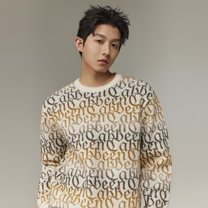CABBEEN Multi-Yarn Woven Long Sleeve Sweater with CABBEEN Logo Vintage Pattern Winter Colorblock Knitwear